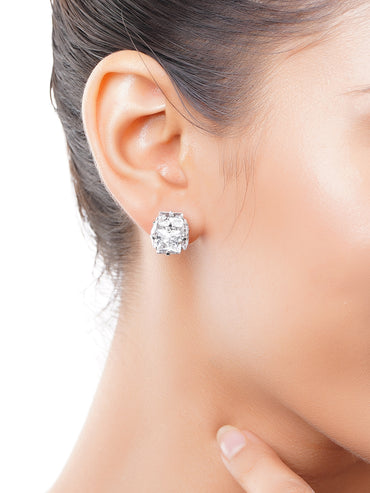 Rhodium Plated Frozen Facet CZ Cube Stud Earrings