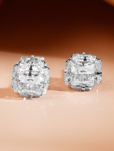 Rhodium Plated Frozen Facet CZ Cube Stud Earrings