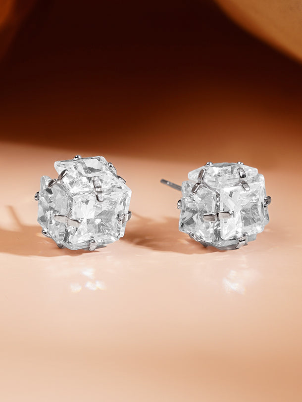 Rhodium Plated Frozen Facet CZ Cube Stud Earrings