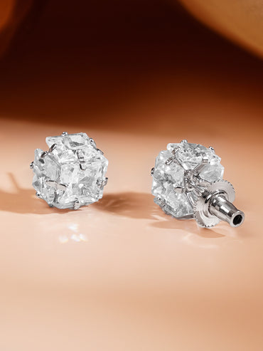 Rhodium Plated Frozen Facet CZ Cube Stud Earrings