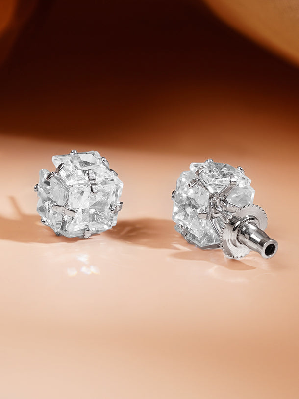 Rhodium Plated Frozen Facet CZ Cube Stud Earrings