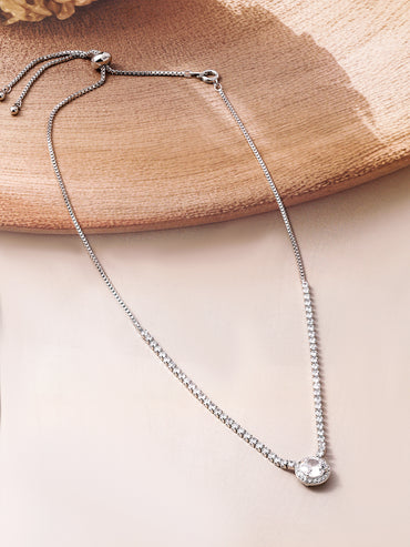 Rhodium Plated Cubic Zirconia Studded Solitaire Pendant Necklace
