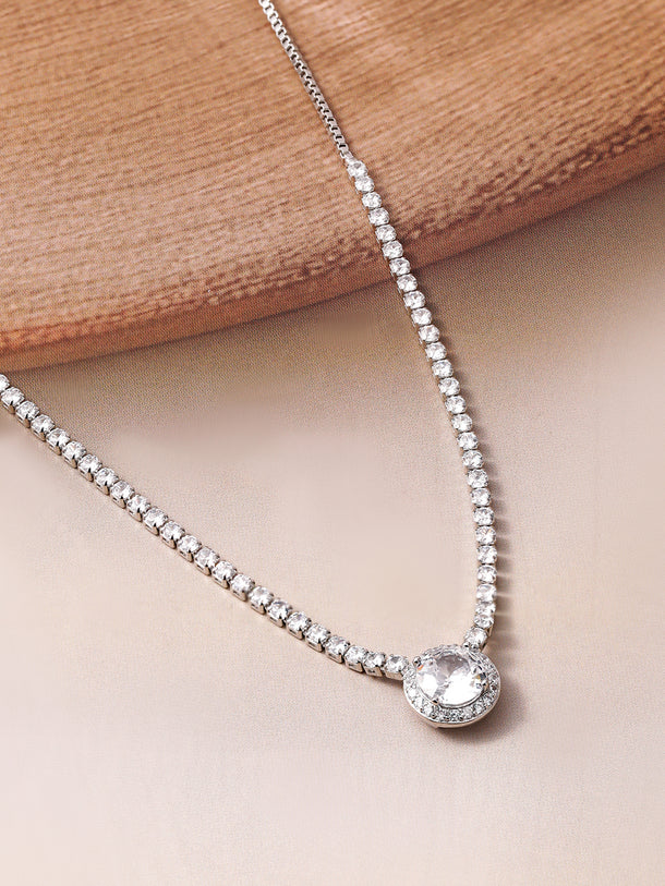 Rhodium Plated Cubic Zirconia Studded Solitaire Pendant Necklace