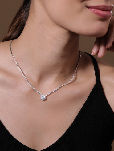 Rhodium Plated Cubic Zirconia Studded Solitaire Pendant Necklace