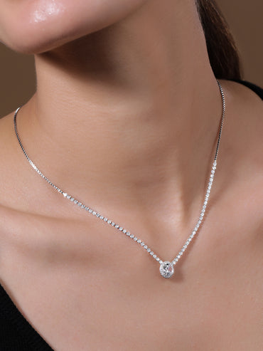 Rhodium Plated Cubic Zirconia Studded Solitaire Pendant Necklace