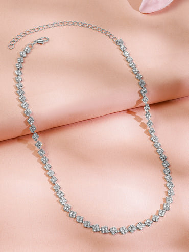 Rubans Rhodium-Plated White Cubic Zirconia Studded Classic Tennis Necklace