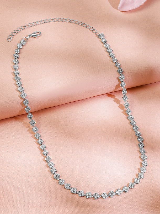 Rubans Rhodium-Plated White Cubic Zirconia Studded Classic Tennis Necklace