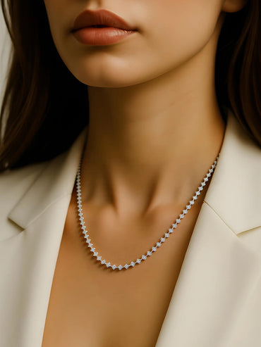 Rubans Rhodium-Plated White Cubic Zirconia Studded Classic Tennis Necklace