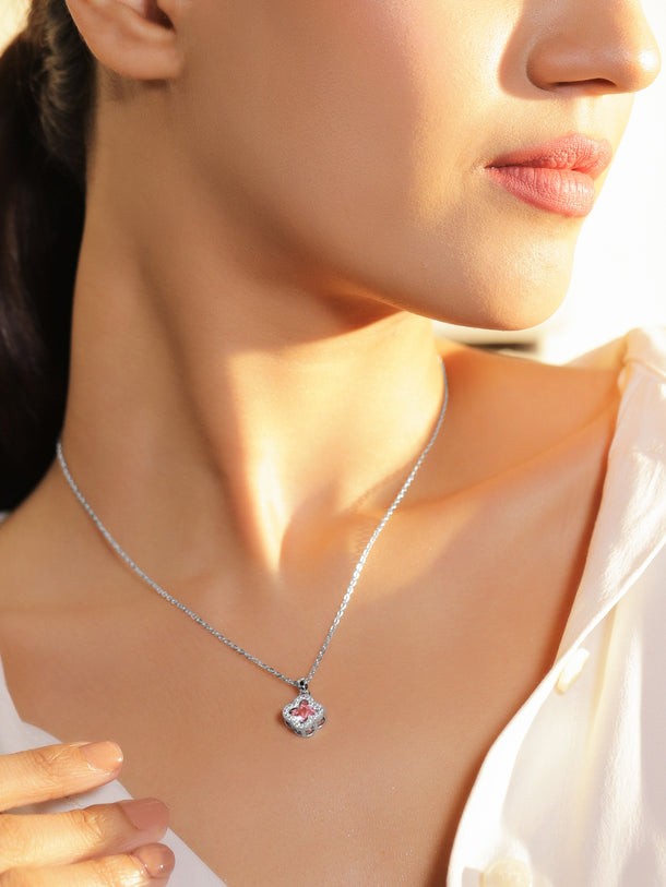 American Diamond Zirconia Pink Floral Pendant