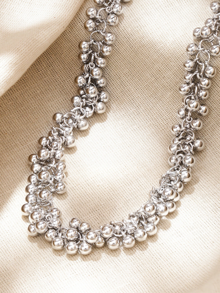 Rubans Rhodium-Plated Brass Silver Cluster Beaded Statement Necklace Chain