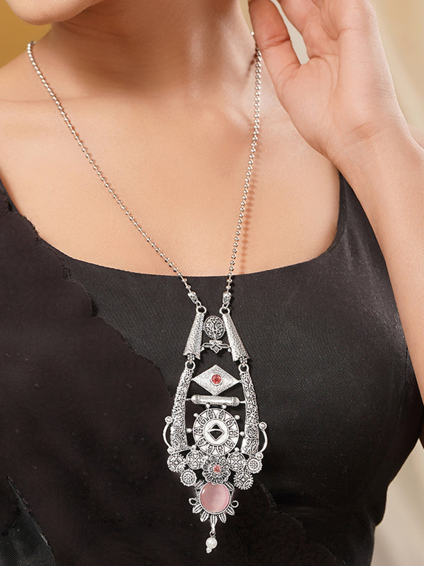 Oxidised Pink Enamel Statement Long Necklace