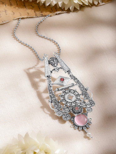 Oxidised Pink Enamel Statement Long Necklace