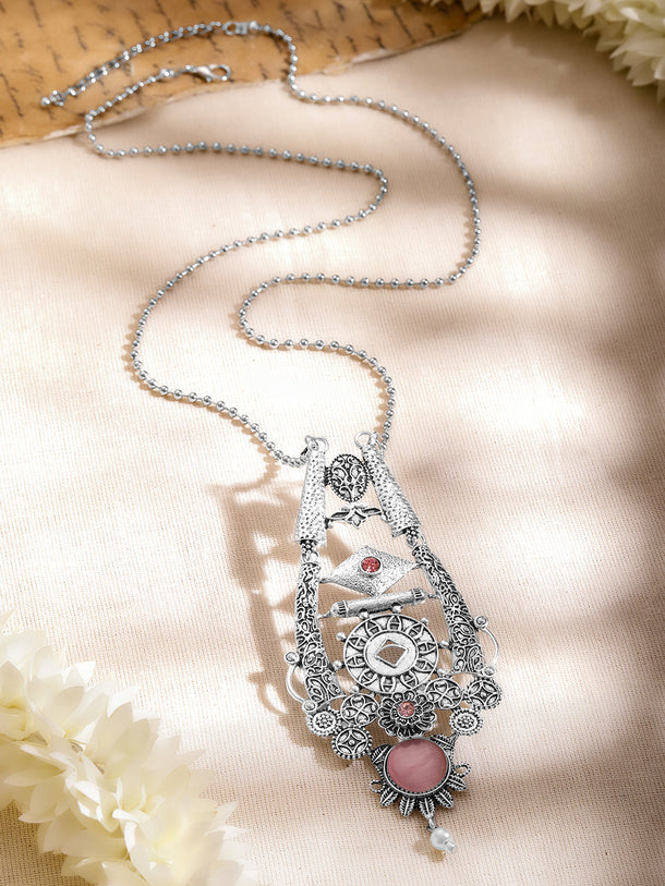 Oxidised Pink Enamel Statement Long Necklace