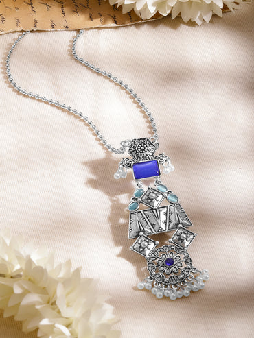 Oxidised Blue Pearl Statement Long Necklace