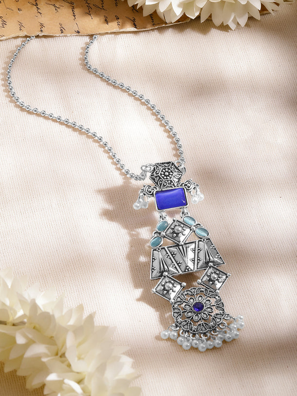 Oxidised Blue Pearl Statement Long Necklace