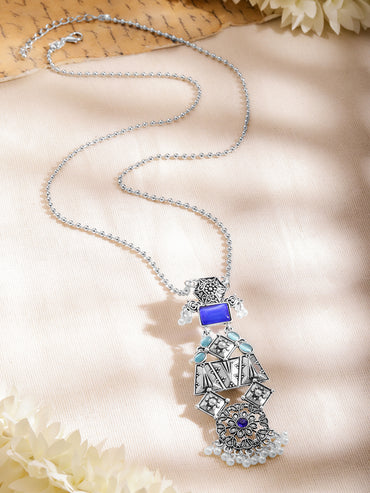 Oxidised Blue Pearl Statement Long Necklace