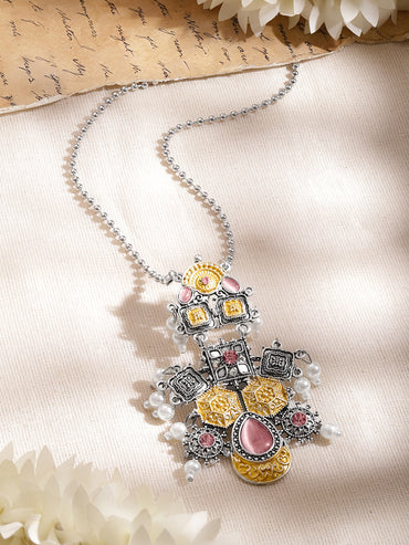 Oxidised Silver Pink Enamel Statement Necklace