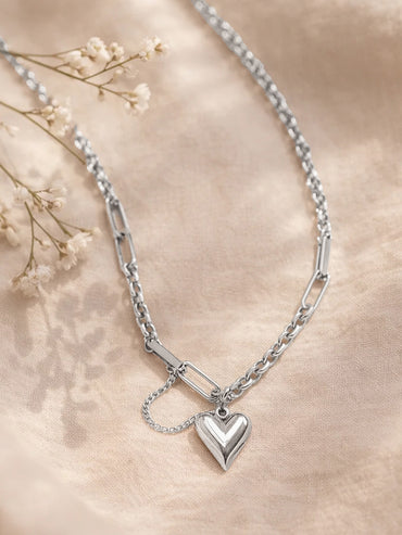 Demi Fine Rhodium Plated Paperclip Curb Chain Heart Pendant Necklace | Anti Tarnish