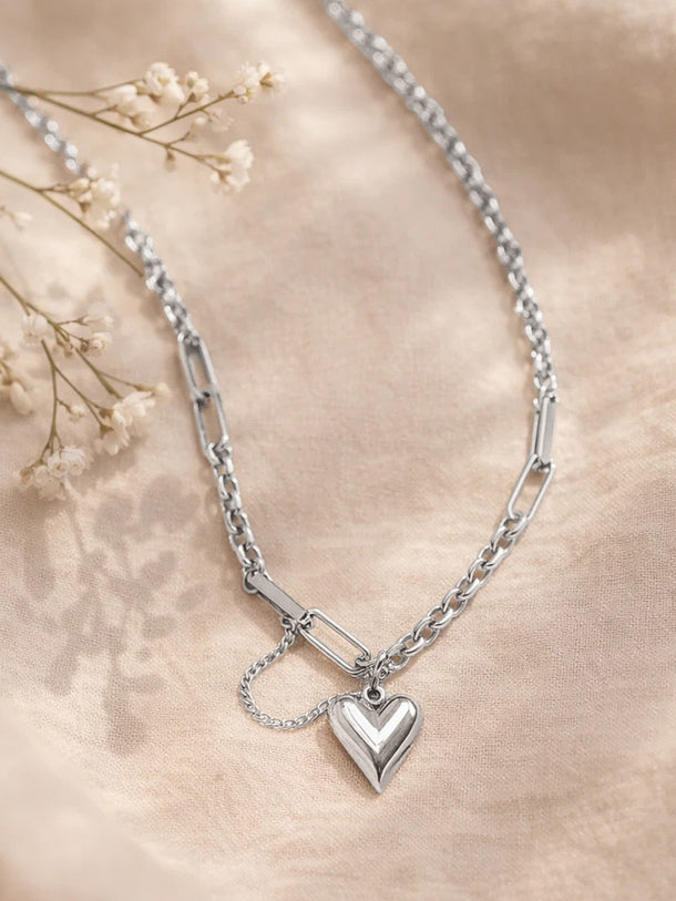 Demi Fine Rhodium Plated Paperclip Curb Chain Heart Pendant Necklace | Anti Tarnish