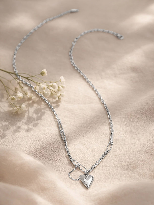 Demi Fine Rhodium Plated Paperclip Curb Chain Heart Pendant Necklace | Anti Tarnish