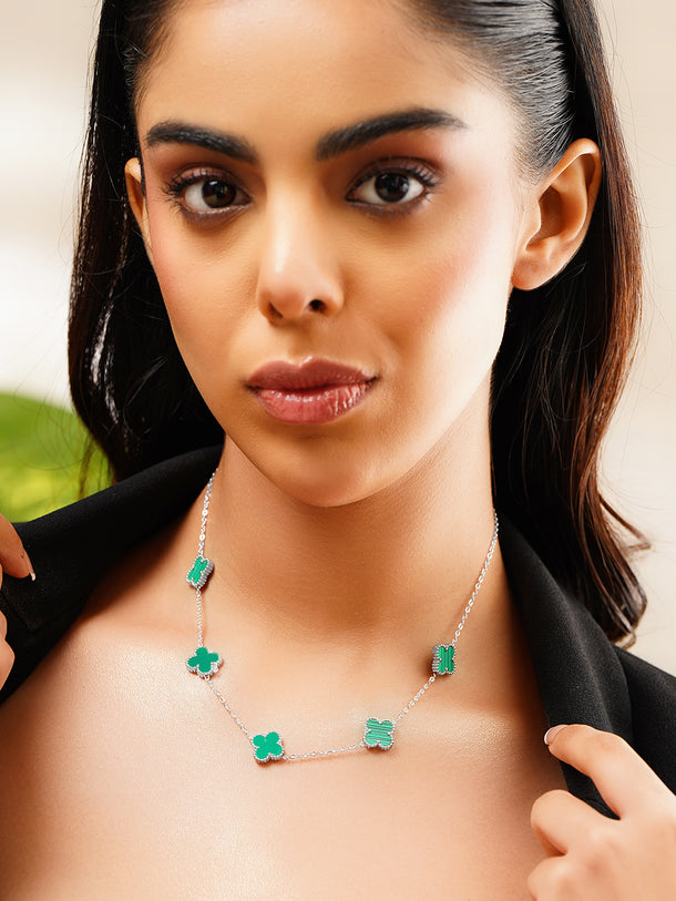 Rhodium Plated Emerald Green Floral Necklace