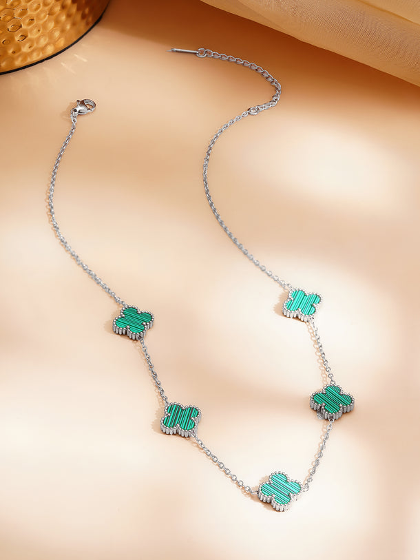 Rhodium Plated Emerald Green Floral Necklace