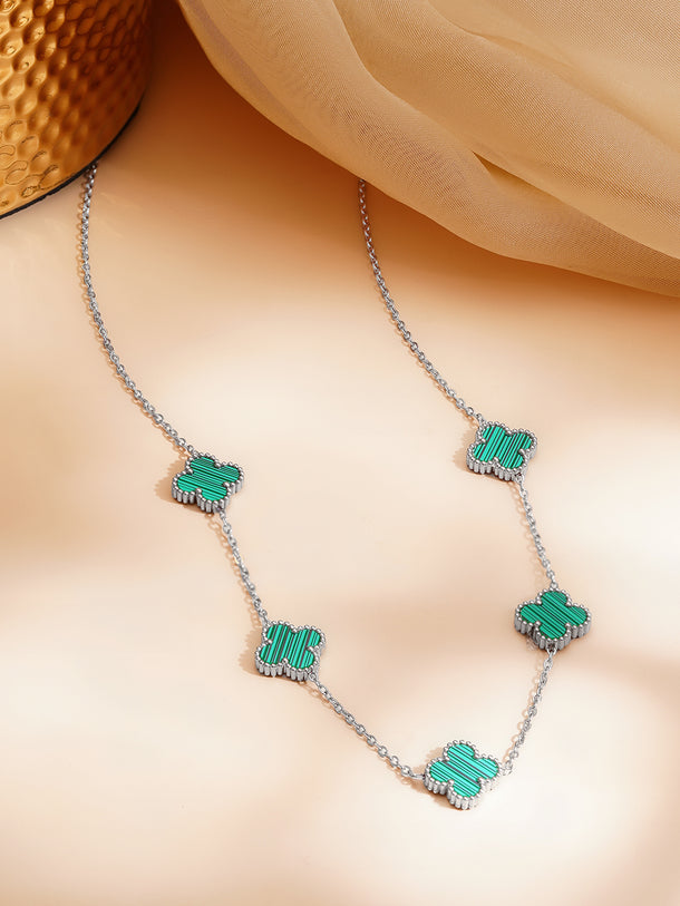 Rhodium Plated Emerald Green Floral Necklace
