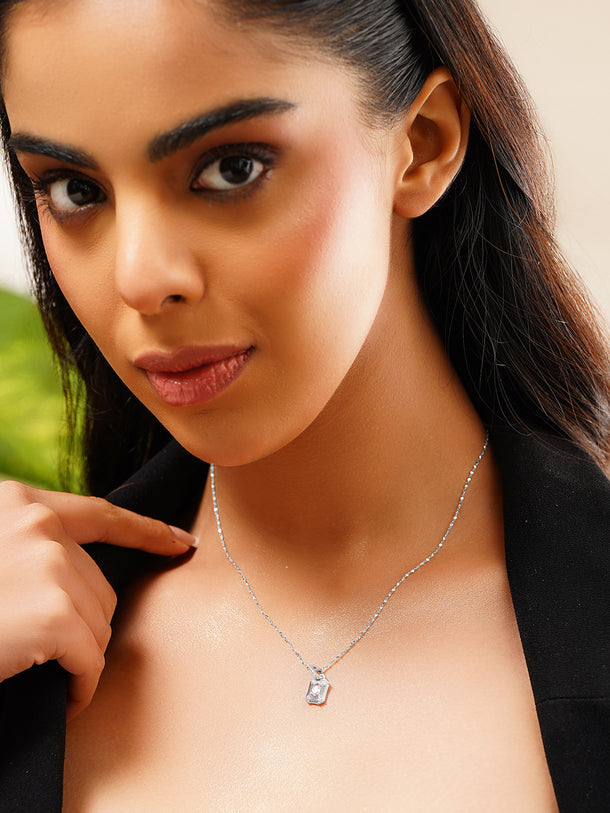 Rhodium Plated Cubic Drop Necklace