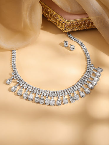 Silver Toned Cubic Drops Necklace Set