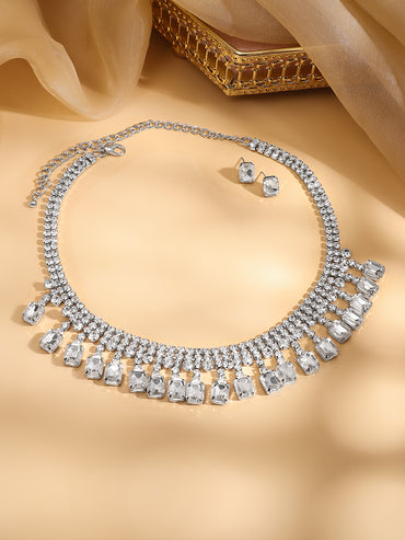 Silver Toned Cubic Drops Necklace Set