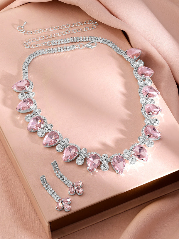 American Diamond Zirconia Pink Necklace Set