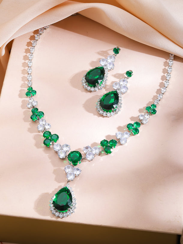Cocktail Glam Emerald Green White Crystal Necklace Set