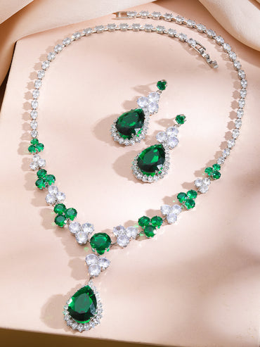 Cocktail Glam Emerald Green White Crystal Necklace Set