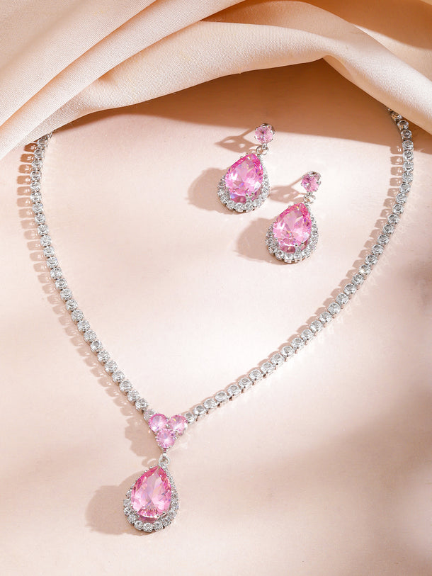 Pink American Diamond Zirconia Teardrop Necklace Set