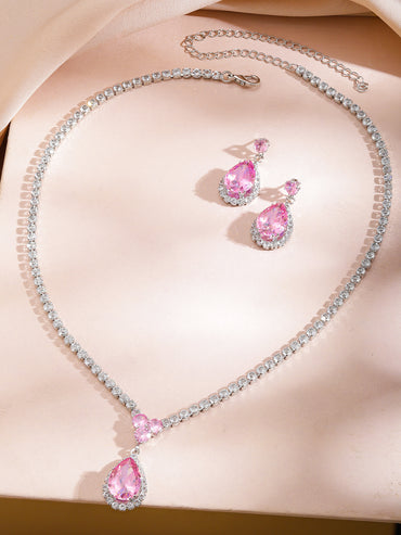 Pink American Diamond Zirconia Teardrop Necklace Set