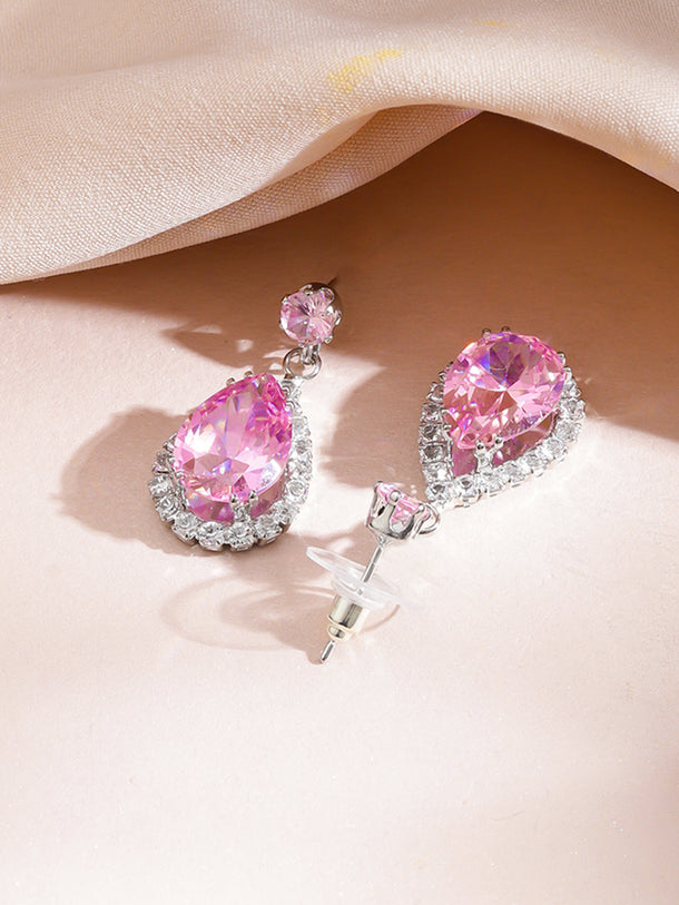 Pink American Diamond Zirconia Teardrop Necklace Set