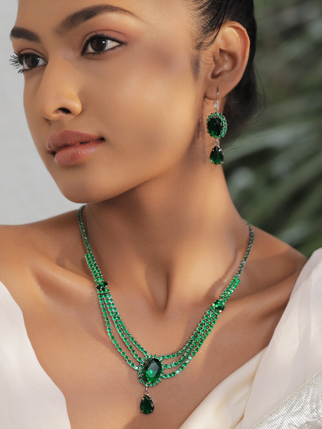 Green Crystal Studded Multi Strand Necklace Set