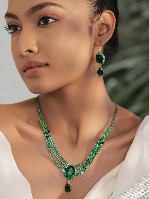Green Crystal Studded Multi Strand Necklace Set