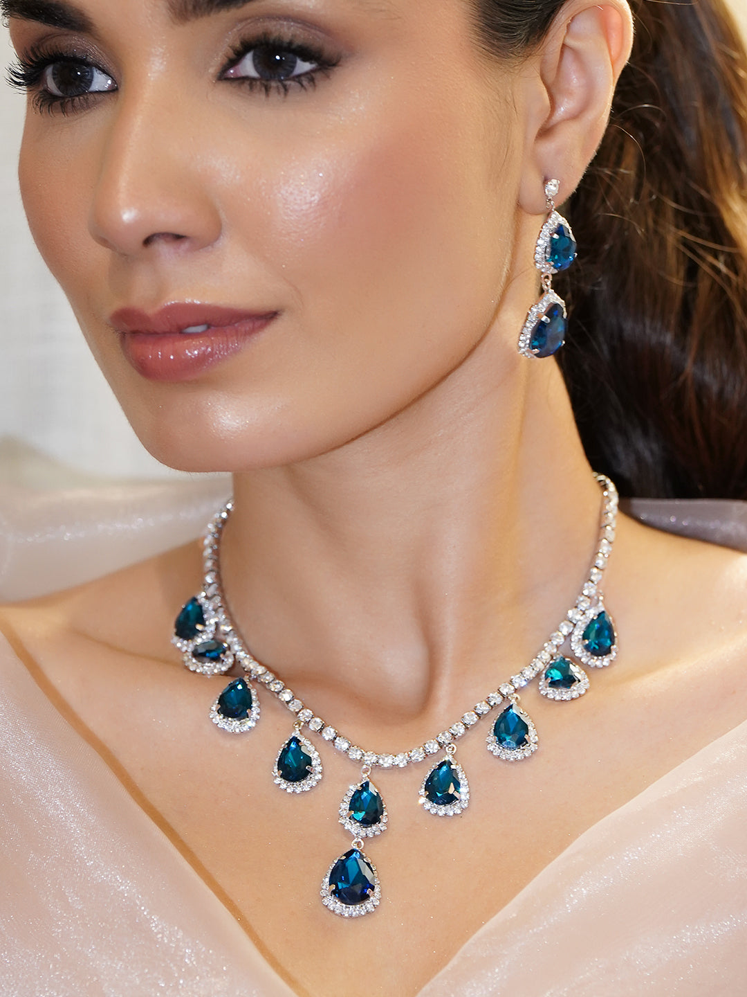 American Diamond Zirconia Blue Necklace Set