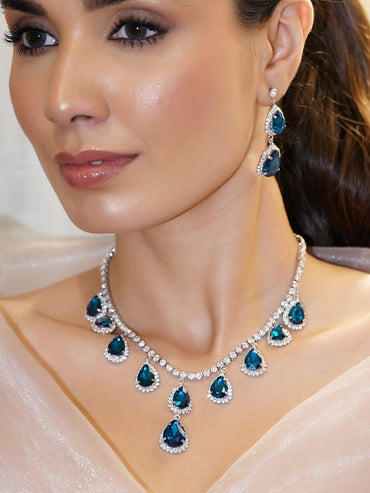 American Diamond Zirconia Blue Necklace Set