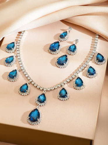 American Diamond Zirconia Blue Necklace Set