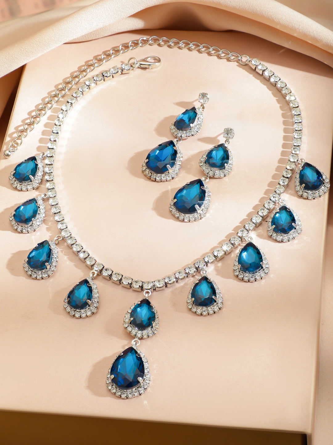 American Diamond Zirconia Blue Necklace Set
