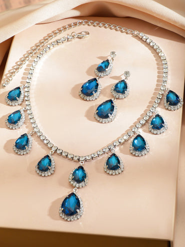 American Diamond Zirconia Blue Necklace Set