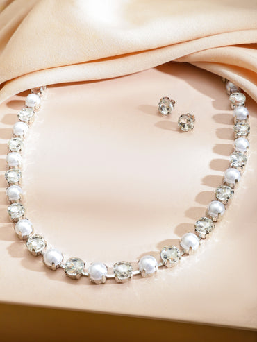 Minimal Pearl American Diamond Zirconia Necklace Set