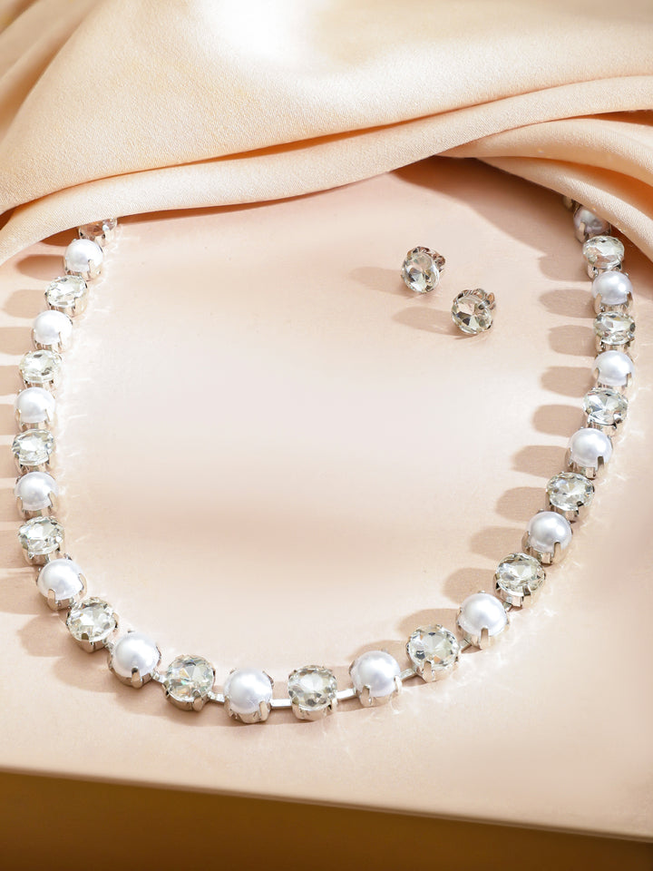 Minimal Pearl American Diamond Zirconia Necklace Set