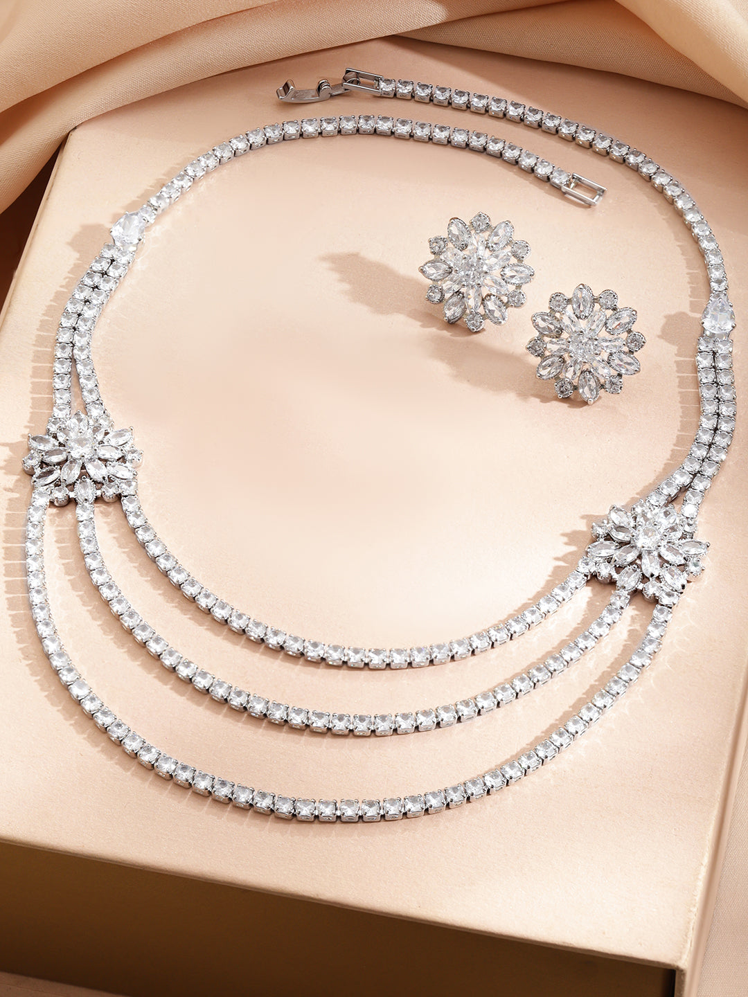 Layered American Diamond Zirconia Flower Studded Necklace Set