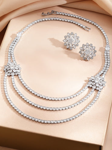 Layered American Diamond Zirconia Flower Studded Necklace Set