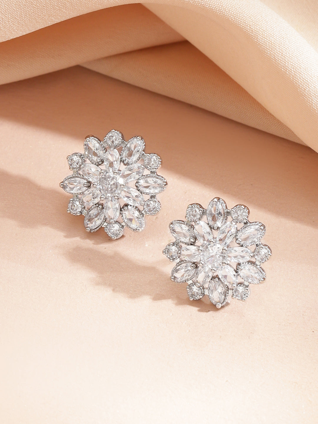 Layered American Diamond Zirconia Flower Studded Necklace Set