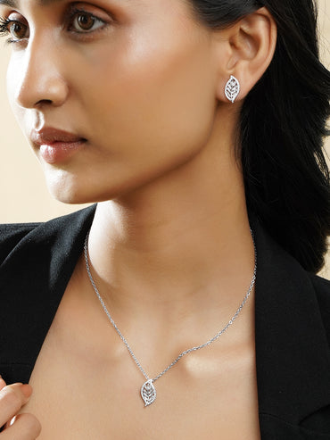 Rubans Rhodium-Plated Leaf Design Cubic Zirconia Pendant Necklace Set