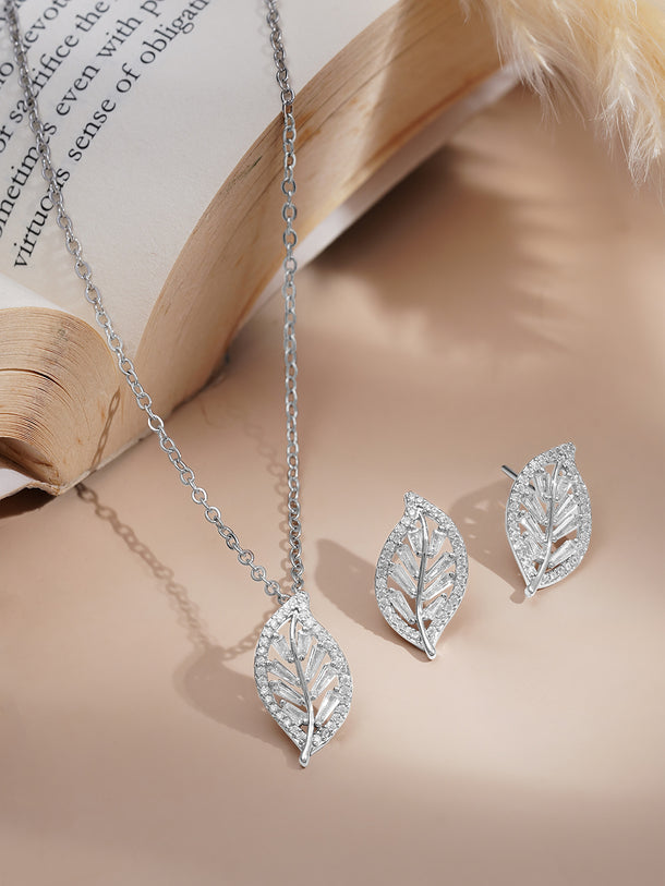 Rubans Rhodium-Plated Leaf Design Cubic Zirconia Pendant Necklace Set